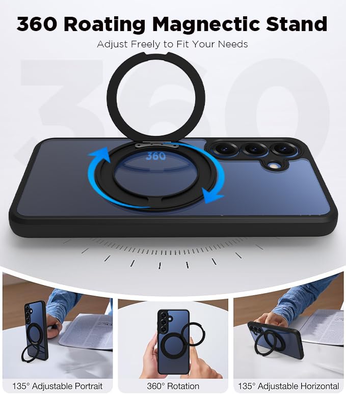 RIGGEAR Shockproof Sleek Hybrid Armor 360° Rotating Magnetic Ring Stand Back Cover Case Compatible with MagSafe Accessories for Samsung Galaxy S25 (Clear PC + Black TPU Bumper) - Image 3