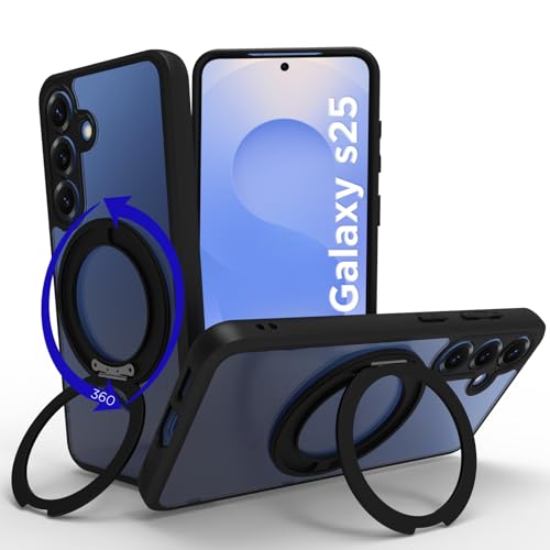 RIGGEAR Shockproof Sleek Hybrid Armor 360° Rotating Magnetic Ring Stand Back Cover Case Compatible with MagSafe Accessories for Samsung Galaxy S25 (Clear PC + Black TPU Bumper) - Image 1