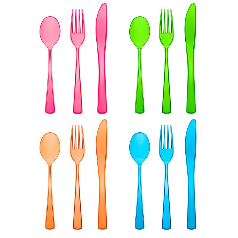 Party Essentials Heavy-Duty Hard Plastic Cutlery Combo Pack  96 Pieces/32 Place Settings  Assorted Neon Brights - Image 1