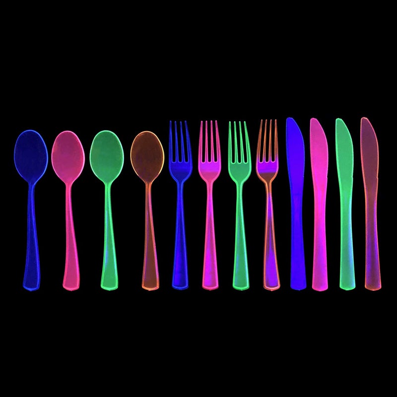 Party Essentials Heavy-Duty Hard Plastic Cutlery Combo Pack  96 Pieces/32 Place Settings  Assorted Neon Brights - Image 5