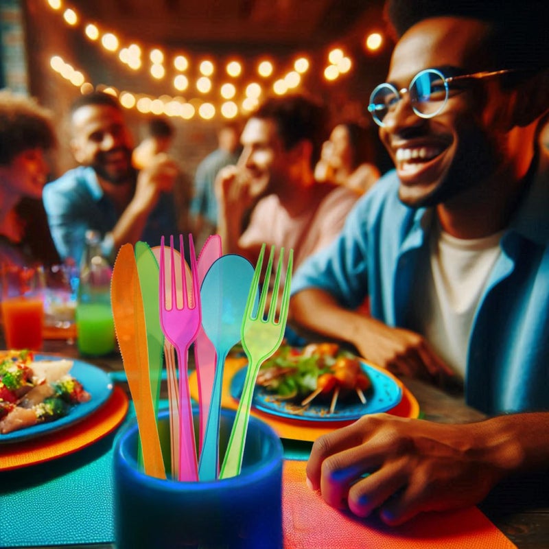 Party Essentials Heavy-Duty Hard Plastic Cutlery Combo Pack  96 Pieces/32 Place Settings  Assorted Neon Brights - Image 3