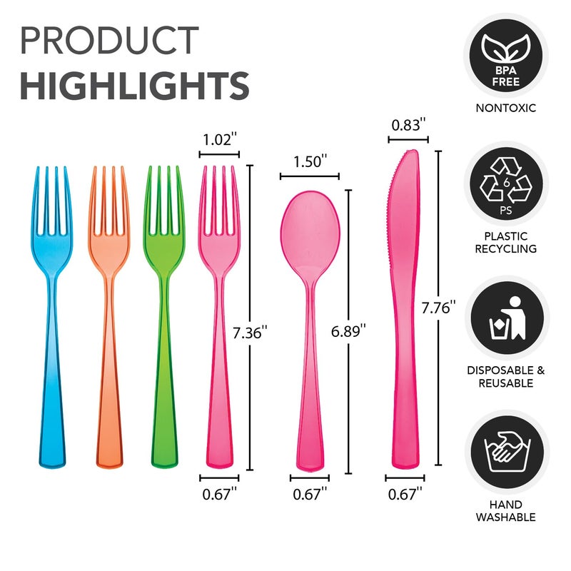 Party Essentials Heavy-Duty Hard Plastic Cutlery Combo Pack  96 Pieces/32 Place Settings  Assorted Neon Brights - Image 2