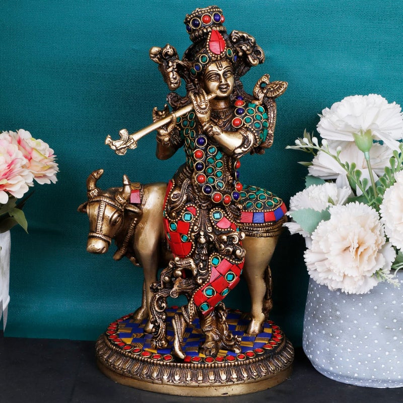 ARTVARKO Brass Krishna with Cow Standing Playing Flute Multicolor Gemstone Handwork Idol Statue for Home Mandir Pooja Krishan Ji Murti Temple Puja Office Home Dcor Showpiece Gift 10 Inch - Image 1
