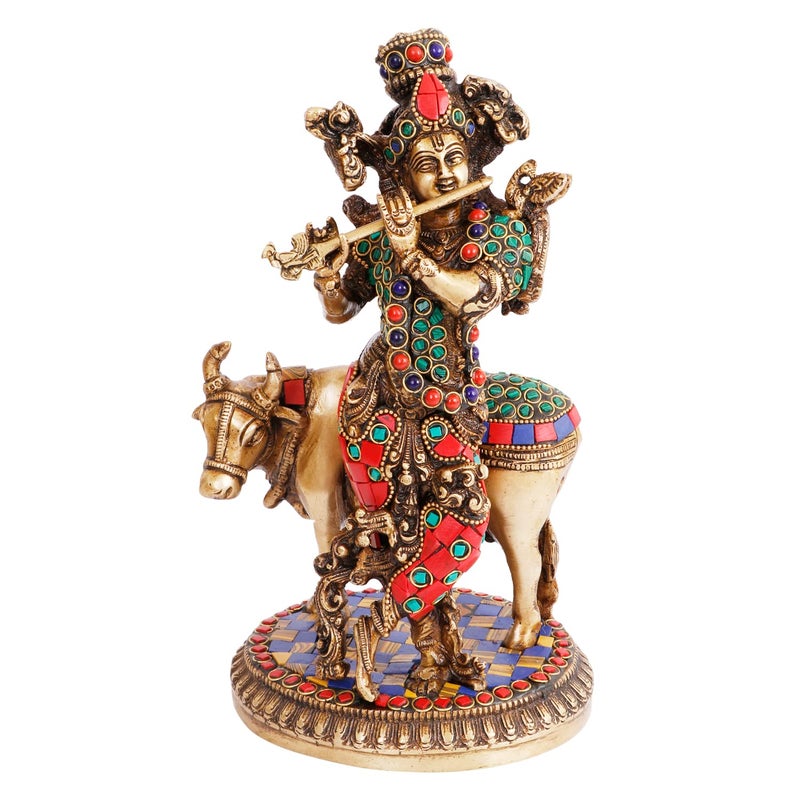 ARTVARKO Brass Krishna with Cow Standing Playing Flute Multicolor Gemstone Handwork Idol Statue for Home Mandir Pooja Krishan Ji Murti Temple Puja Office Home Dcor Showpiece Gift 10 Inch - Image 2