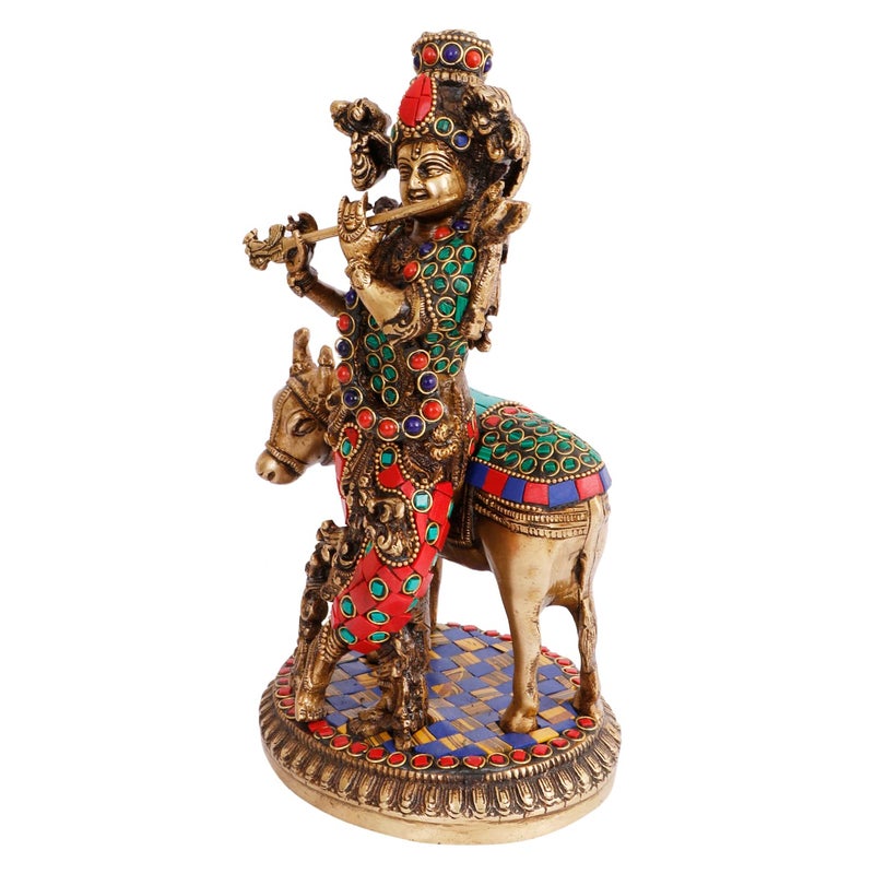 ARTVARKO Brass Krishna with Cow Standing Playing Flute Multicolor Gemstone Handwork Idol Statue for Home Mandir Pooja Krishan Ji Murti Temple Puja Office Home Dcor Showpiece Gift 10 Inch - Image 4