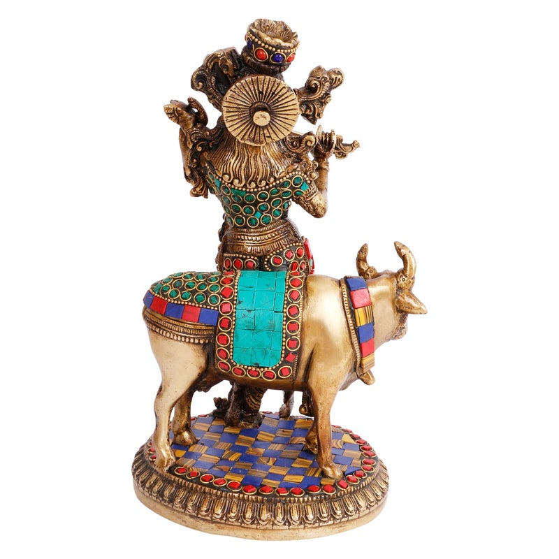 ARTVARKO Brass Krishna with Cow Standing Playing Flute Multicolor Gemstone Handwork Idol Statue for Home Mandir Pooja Krishan Ji Murti Temple Puja Office Home Dcor Showpiece Gift 10 Inch - Image 5