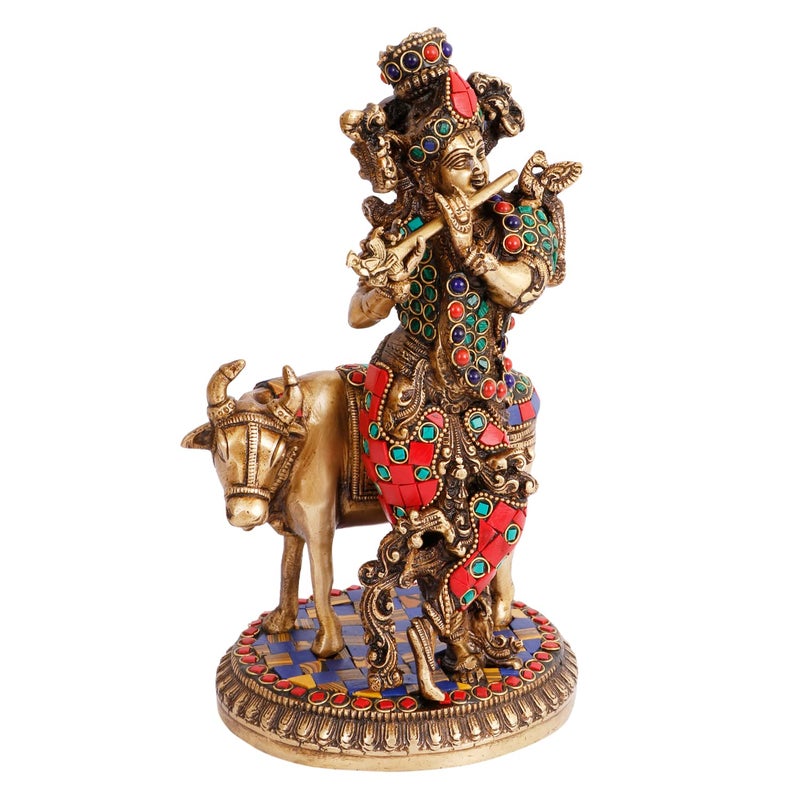 ARTVARKO Brass Krishna with Cow Standing Playing Flute Multicolor Gemstone Handwork Idol Statue for Home Mandir Pooja Krishan Ji Murti Temple Puja Office Home Dcor Showpiece Gift 10 Inch - Image 3
