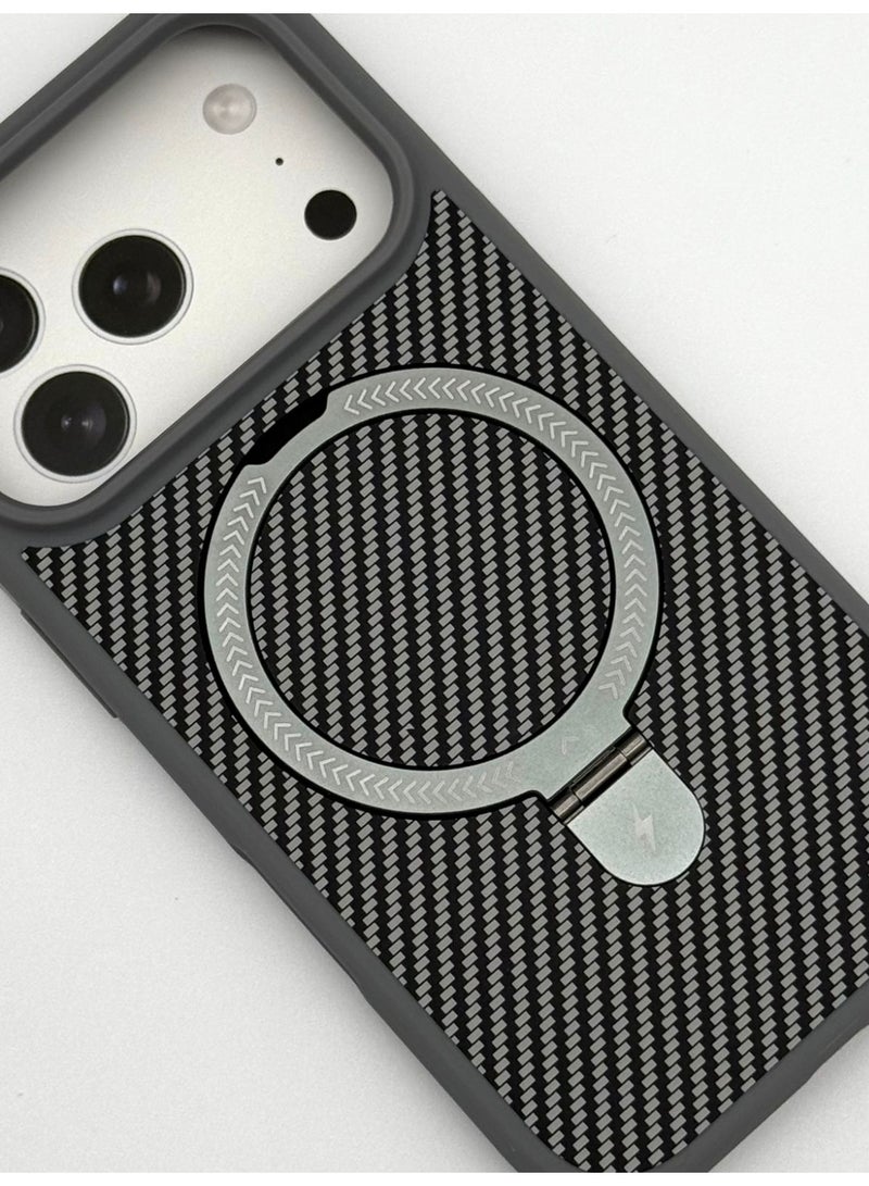 حافظة فاخرة بتصميم ألياف الكربون لجهاز iPhone 17 Pro - متوافقة مع MagSafe مع حامل قابل للطي مدمج وحامل حلقة - غلاف واقي رقيق مضاد للصدمات غير لامع - Image 4