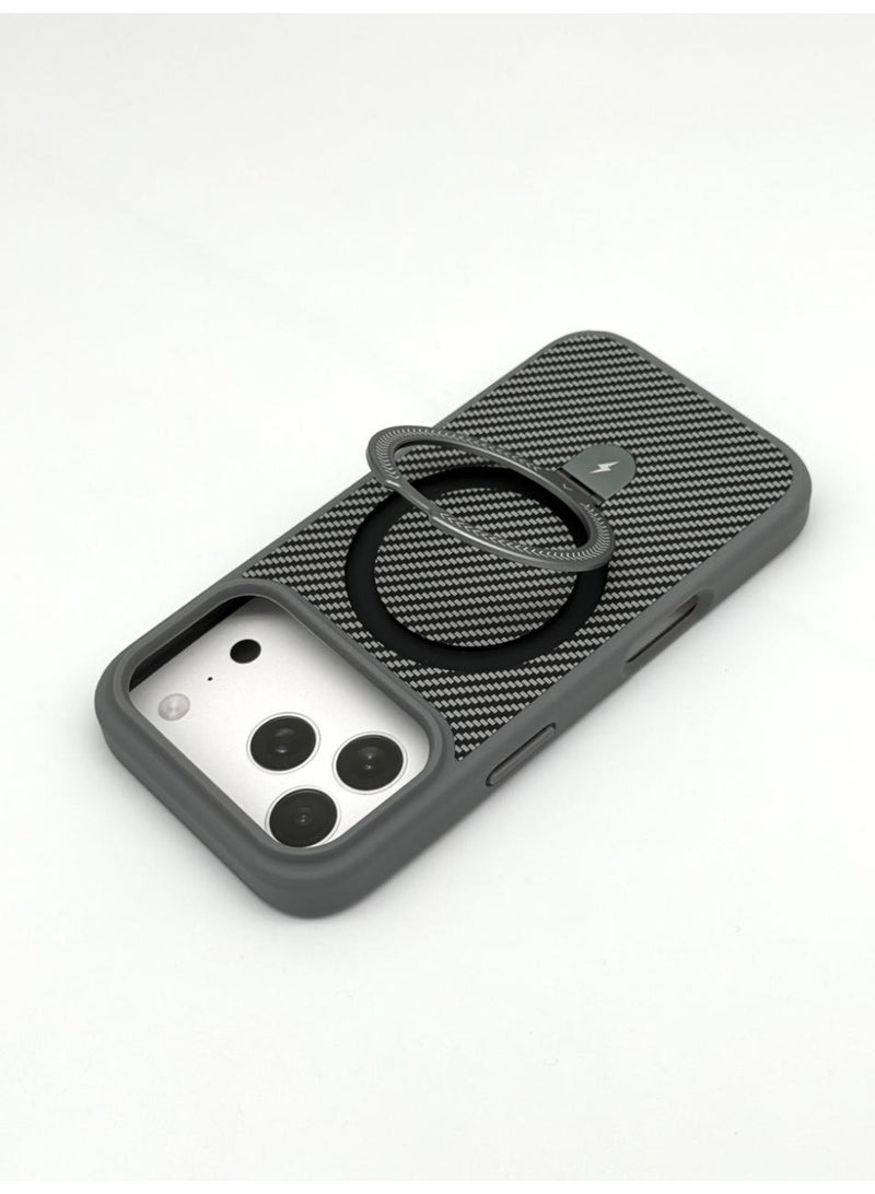 حافظة فاخرة بتصميم ألياف الكربون لجهاز iPhone 17 Pro - متوافقة مع MagSafe مع حامل قابل للطي مدمج وحامل حلقة - غلاف واقي رقيق مضاد للصدمات غير لامع - Image 3