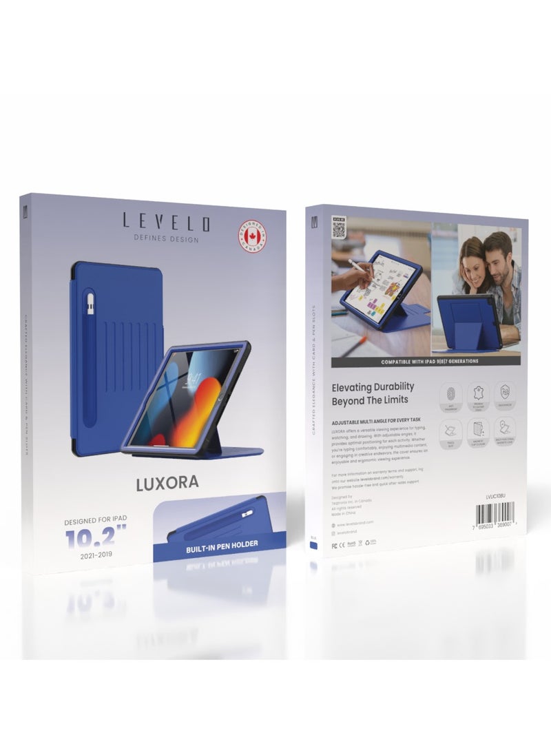 Luxora iPad 10.2" Case / Pencil Slot / Adjustable Multi Angle / Magnetic Flap Closure / Anti-Fingerprint Cover / Built-In 2 Card slots - Blue
