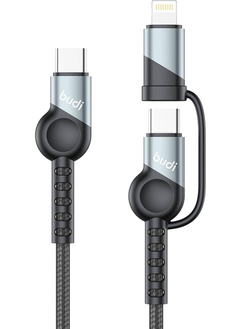 Budi 2-in-1 USB-C Cable compatible with Lightning, 65W/20W PD Fast Charging, 1M Nylon Braided, Aluminum Shell, Data Sync Cable - Image 1