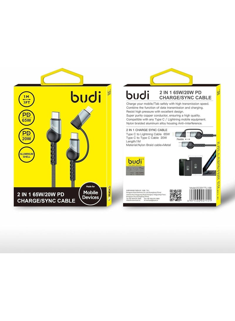 Budi 2-in-1 USB-C Cable compatible with Lightning, 65W/20W PD Fast Charging, 1M Nylon Braided, Aluminum Shell, Data Sync Cable - Image 2
