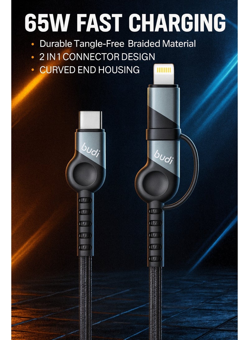 Budi 2-in-1 USB-C Cable compatible with Lightning, 65W/20W PD Fast Charging, 1M Nylon Braided, Aluminum Shell, Data Sync Cable - Image 3