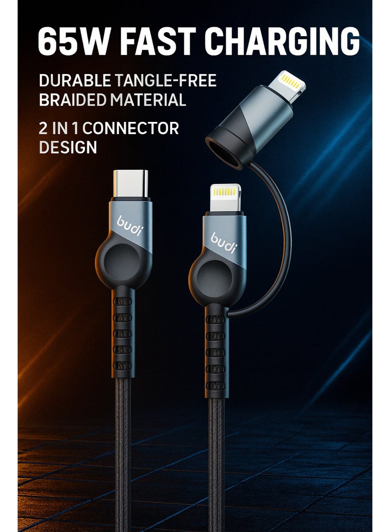 Budi 2-in-1 USB-C Cable compatible with Lightning, 65W/20W PD Fast Charging, 1M Nylon Braided, Aluminum Shell, Data Sync Cable - Image 4