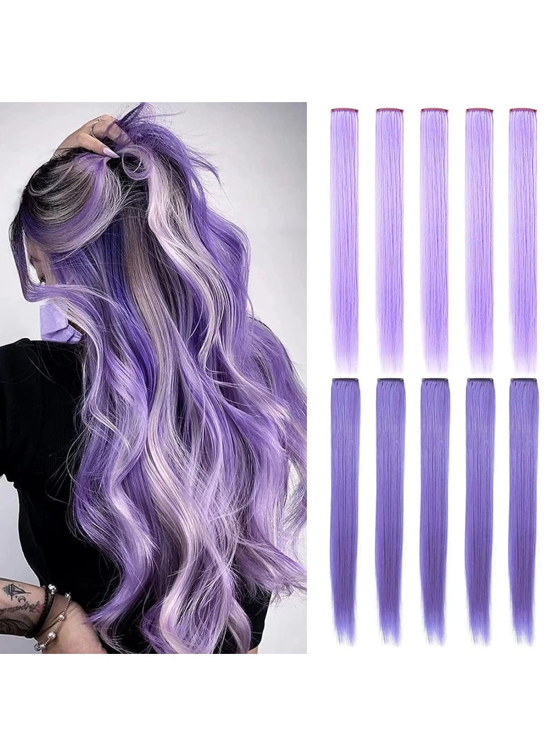 MOSCSMDY 10PCS 20Lavender Light Purple Hair Extensions for Girls Wig Pieces Clip in Coloured Hair Extensions for Women Colorful Hairpieces Party Highlights Synthetic Multiple Colors 