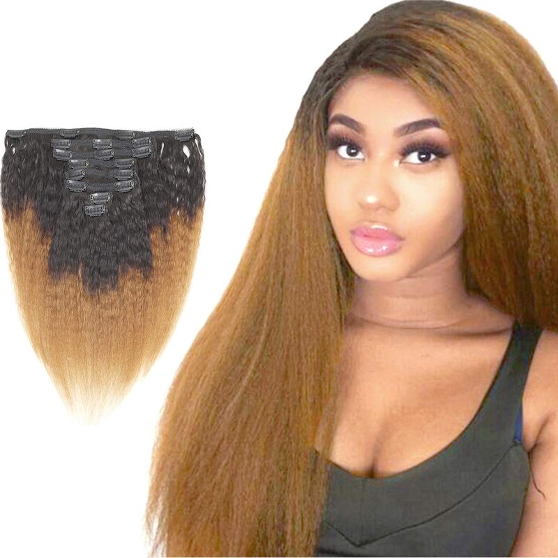 Ombre Brown Kinky Straight Clip Ins Hair Extension 8 Pieces Virgin Remy Yaki Straight Clip Ins Hair for Black Women 10A Thick Full Clips in Hair Yaki Straight 18 inches