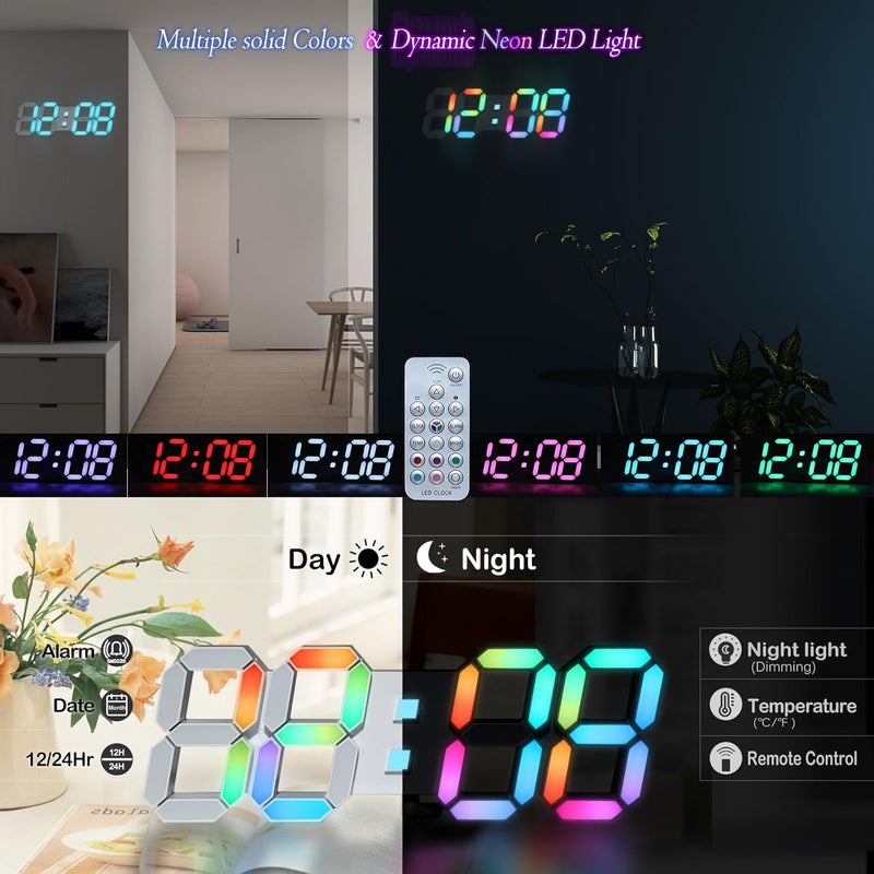 KOSUMOSU ساعة حائط LED بحجم 15 بوصة، ساعة رقمية RGB LED لزينة غرفة المعيشة، شاشة كبيرة، ساعات مناسبة لغرف الألعاب، خاصية التخفيف من الإضاءة، تعرض الوقت بنظام 12/24 ساعة، درجة الحرارة، جهاز تحكم عن بعد (ساعة بلون أبيض مع إضاءة بنيون). - Image 2
