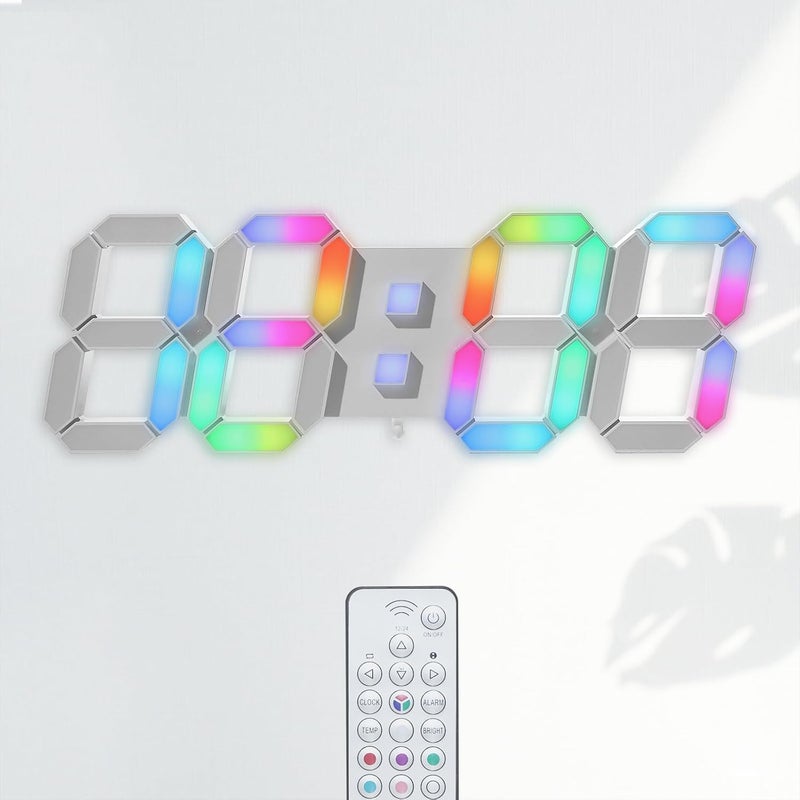 KOSUMOSU ساعة حائط LED بحجم 15 بوصة، ساعة رقمية RGB LED لزينة غرفة المعيشة، شاشة كبيرة، ساعات مناسبة لغرف الألعاب، خاصية التخفيف من الإضاءة، تعرض الوقت بنظام 12/24 ساعة، درجة الحرارة، جهاز تحكم عن بعد (ساعة بلون أبيض مع إضاءة بنيون). - Image 1