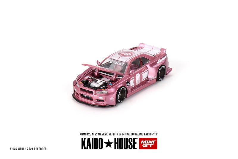 Mini GT Models True Scale Miniatures Model Car Compatible with Nissan Skyline GT-R (R34) Kaido Racing Factory V1 Pink 1/64 Diecast Model Car Kaido House KHMG128 - Image 3