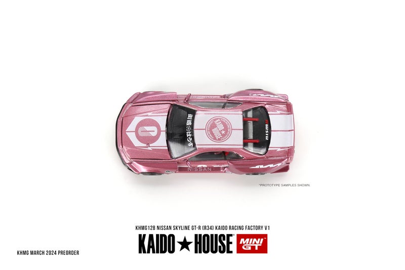 Mini GT Models True Scale Miniatures Model Car Compatible with Nissan Skyline GT-R (R34) Kaido Racing Factory V1 Pink 1/64 Diecast Model Car Kaido House KHMG128 - Image 4