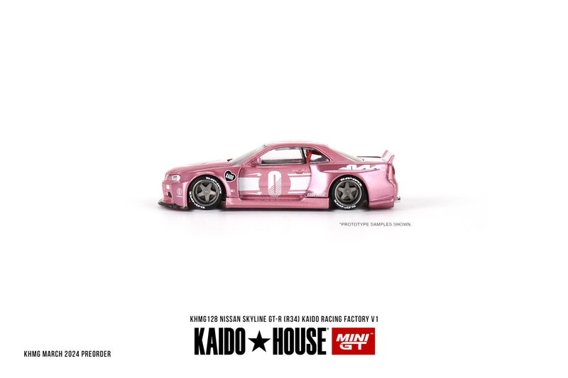 Mini GT Models True Scale Miniatures Model Car Compatible with Nissan Skyline GT-R (R34) Kaido Racing Factory V1 Pink 1/64 Diecast Model Car Kaido House KHMG128 - Image 5