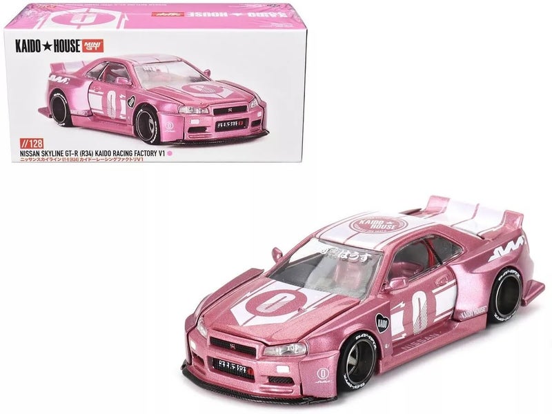 Mini GT Models True Scale Miniatures Model Car Compatible with Nissan Skyline GT-R (R34) Kaido Racing Factory V1 Pink 1/64 Diecast Model Car Kaido House KHMG128 - Image 1