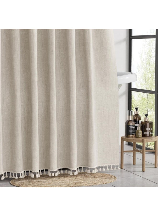 AuliceVerse Beige shower curtain: imitation linen tassel shower curtain, solid color, simple bathroom, toilet fabric, waterproof partition curtain - Image 3