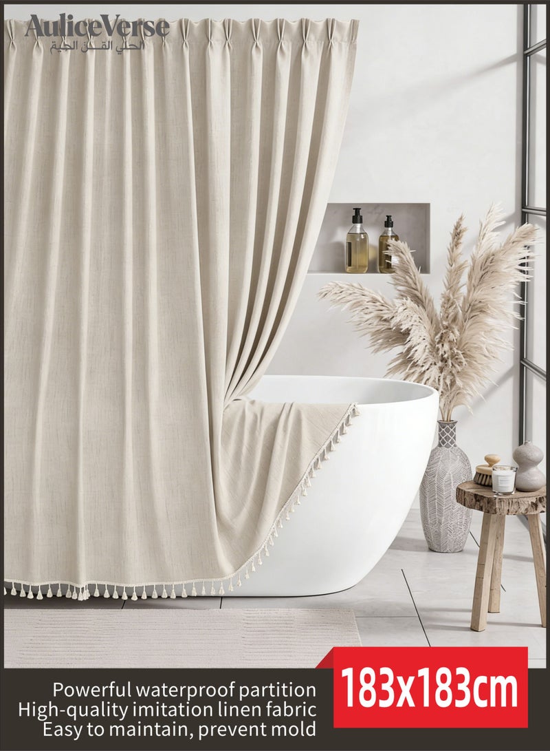 AuliceVerse Home Refresh Essential – Beige Imitation Linen Tassel Shower Curtains, Solid Color & Waterproof for a Simple, Fresh Bathroom 183 x 183cm - Image 1