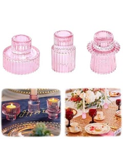 Durku Candlestick Holders Set of 3 Glass Candle Holders for Taper Candles,Pillar Candles and Tealight Candles,for Table Centerpieces, Wedding Decor and Dinner Party (Pink)