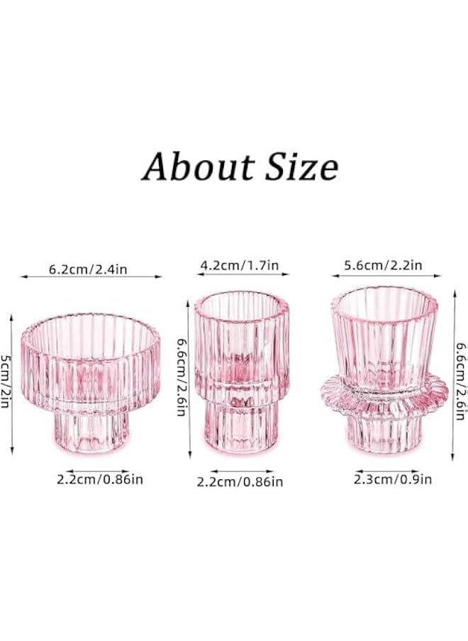 HOOKOR - Durku Candlestick Holders Set of 3 Glass Candle Holders for Taper Candles,Pillar Candles and Tealight Candles,for Table Centerpieces, Wedding Decor and Dinner Party (Pink) - Image 1