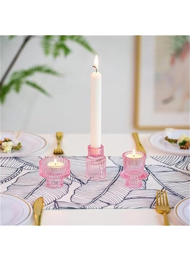 HOOKOR - Durku Candlestick Holders Set of 3 Glass Candle Holders for Taper Candles,Pillar Candles and Tealight Candles,for Table Centerpieces, Wedding Decor and Dinner Party (Pink) - Image 1