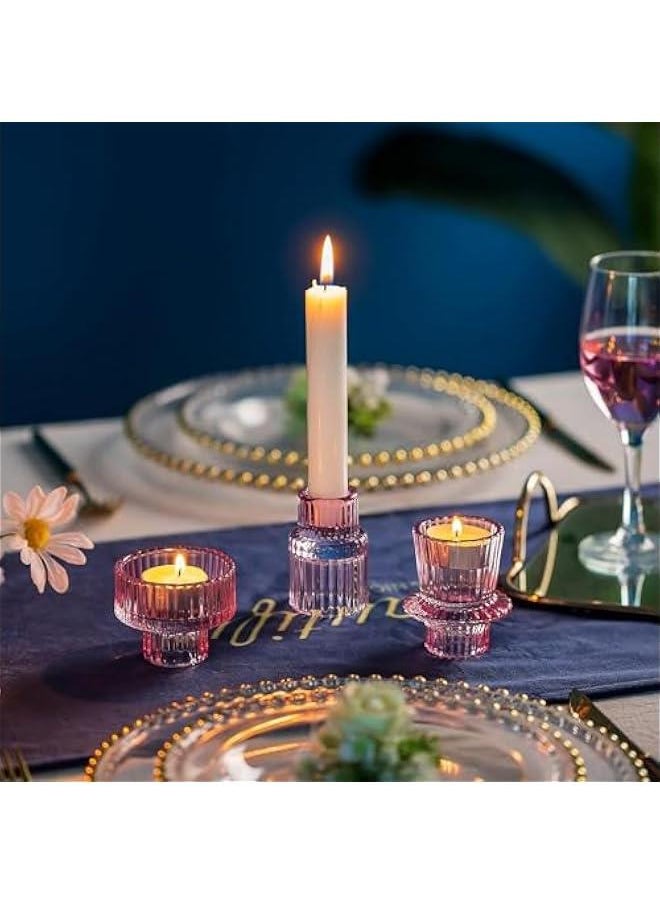 HOOKOR - Durku Candlestick Holders Set of 3 Glass Candle Holders for Taper Candles,Pillar Candles and Tealight Candles,for Table Centerpieces, Wedding Decor and Dinner Party (Pink) - Image 1
