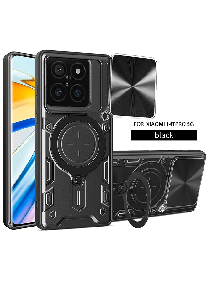 Case For Xiaomi 14T Pro 5G with Slide Camera Cover and Stand Kickstand Magnetic Ring, High Quality Shockproof Protective Cover, Anti-Fall Drop Protection, Shockproof Case, Black - Image 1