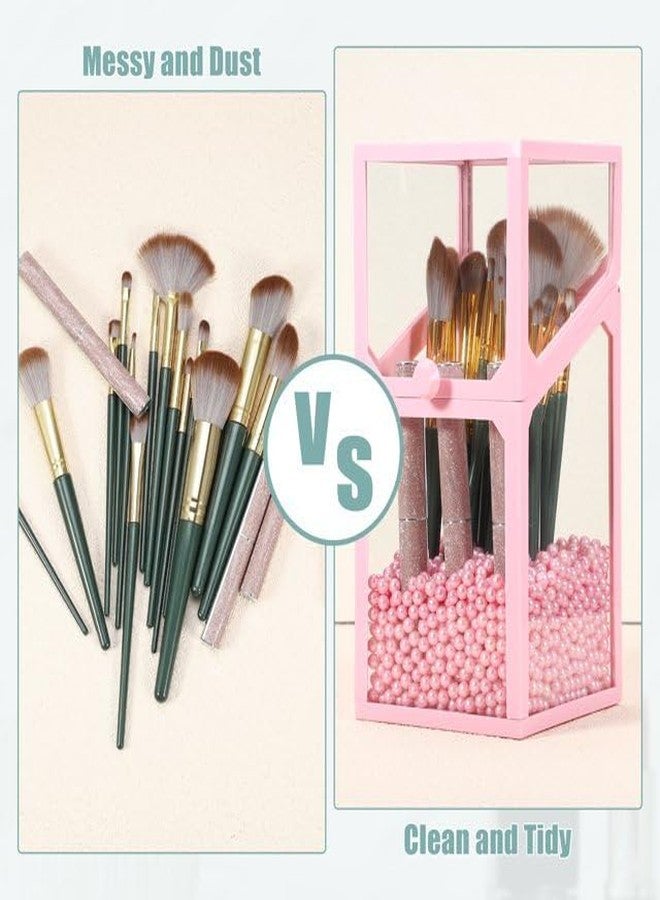 KRESHU Makeup Brushes Organizer, Glass Cosmetic Storage Case, Makeup Brushes Holder Box with Lid, Pearls Bedroom Decoration (Pink) - Image 5