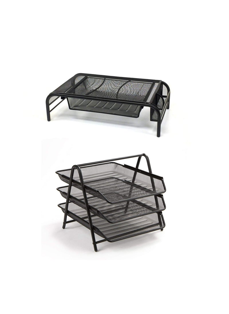 Mind Reader Mind Reader Monitor Stand and 3Tier Paper Tray Set Desktop Organizer Metal Mesh 20L x 1175W x 575H 2 Pcs Black 