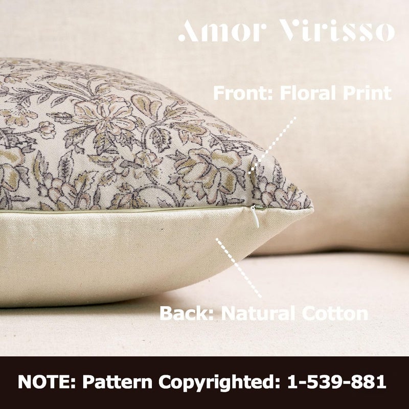 Amor Virisso Floral Throw Pillow Covers 18x18 Set of 2 Vintage Block Print Pillow Covers Decorative Pillow Covers Couch Pillows for Living Room Farmhouse Accent Sofa Pillows, Yellow/Sand - Image 2