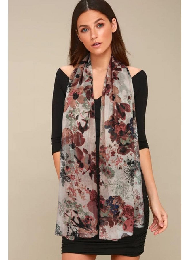 GERINLY Lightweight Scarves Fashion Flowers Print Shawl Wrap for Women Dressy Winter Neck Accessory Pretty Sarong (Brown) - Image 3