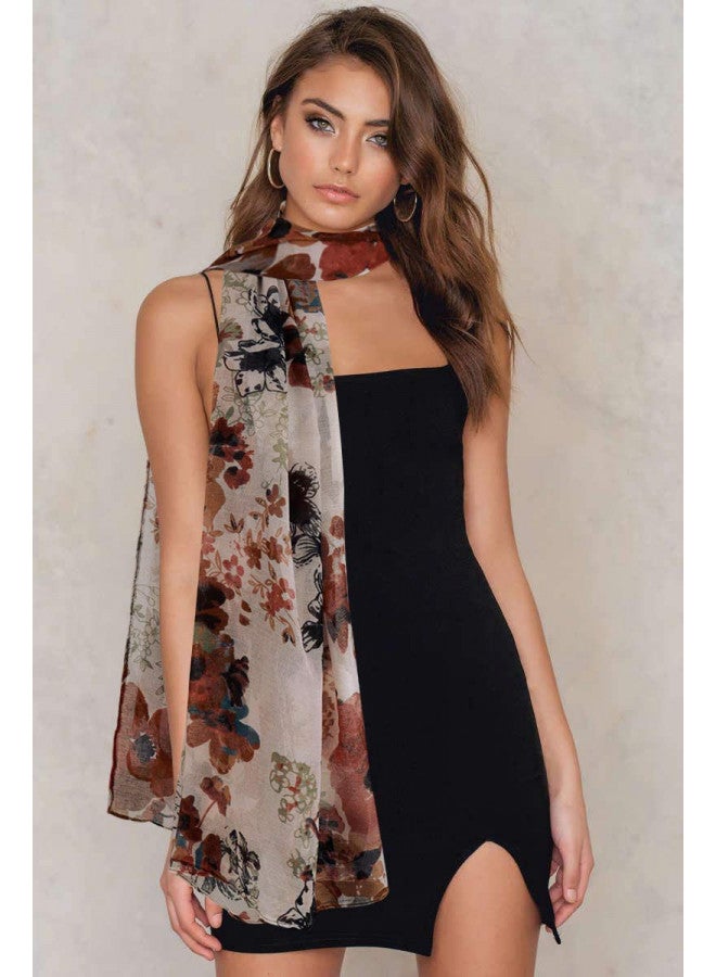 GERINLY Lightweight Scarves Fashion Flowers Print Shawl Wrap for Women Dressy Winter Neck Accessory Pretty Sarong (Brown) - Image 2