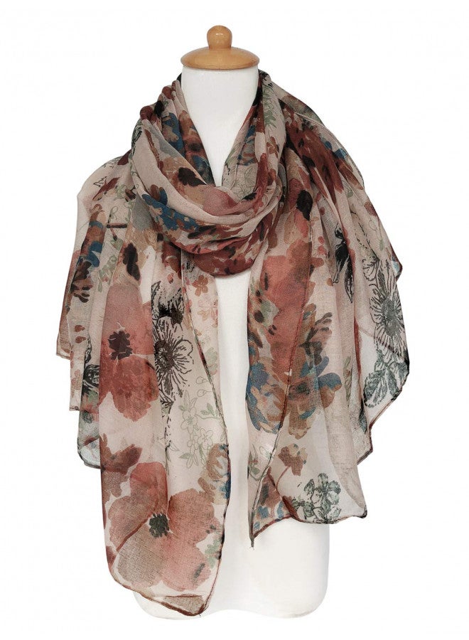GERINLY Lightweight Scarves Fashion Flowers Print Shawl Wrap for Women Dressy Winter Neck Accessory Pretty Sarong (Brown) - Image 1