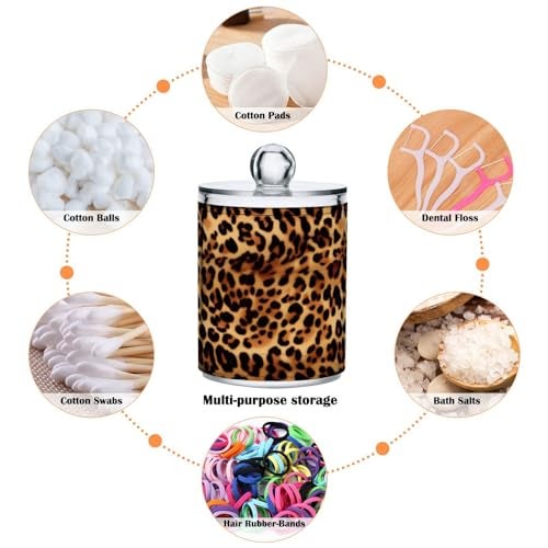 Kigai Leopard Print Qtip Holder - 14OZ Clear Plastic Apothecary Jars Bathroom Canister Dispenser Organizer Vanity Storage Jar with Lid for Cotton Ball, Cotton Swab, Floss (2PACK) - Image 4