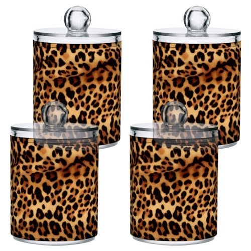 Kigai Leopard Print Qtip Holder - 14OZ Clear Plastic Apothecary Jars Bathroom Canister Dispenser Organizer Vanity Storage Jar with Lid for Cotton Ball, Cotton Swab, Floss (2PACK) - Image 2