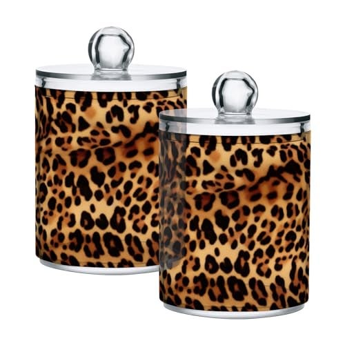 Kigai Leopard Print Qtip Holder - 14OZ Clear Plastic Apothecary Jars Bathroom Canister Dispenser Organizer Vanity Storage Jar with Lid for Cotton Ball, Cotton Swab, Floss (2PACK) - Image 1