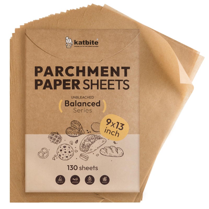Katbite 130 Pcs Parchment Paper Sheets Balanced Series, 9x13 Inches Unbleached Baking Paper Non-Stick for Gently Baking, Pre-cut Parchment Paper Suitable for Baking, Cooking,Air Fryer - Image 1