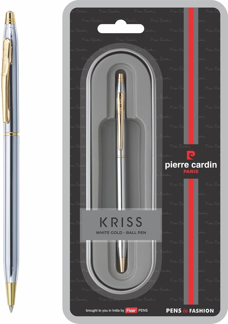 pierre cardin قلم حبر معدني كريس الفاخر بآلية التدوير | جسم أبيض ذهبي فاخر مع مشبك جيب ذهبي أنيق | مثالي للهدايا الاحتفالية و الشركات - Image 1
