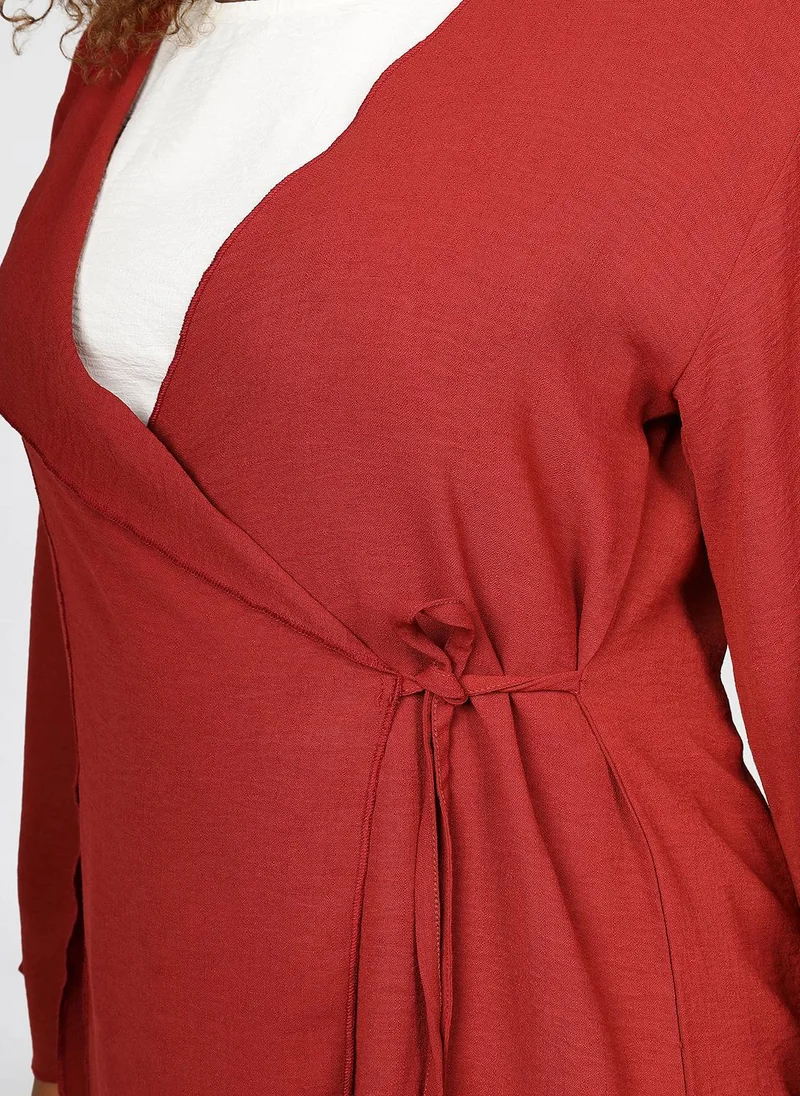 Jimmy Le Bond Modest 2 pc Set of wrap-style long-sleeve top with a side tie detail, paired with wide-leg pants