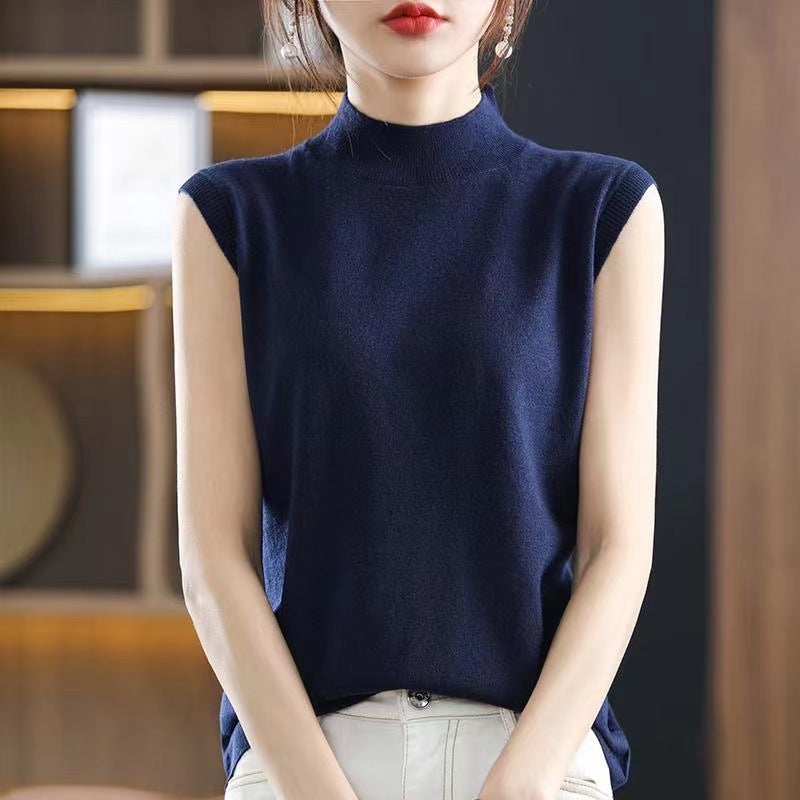 Ice Silk T-Shirt 2024 Spring And Korean Style Sleeveless Bottoming Shirt Half Turtleneck Slim Knitted Inner Vest Top - Image 1