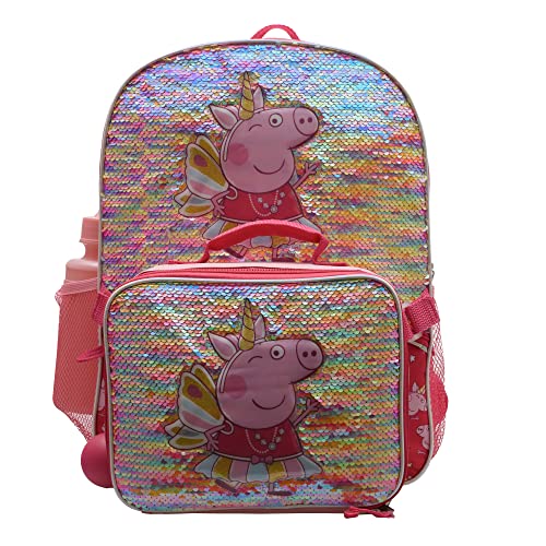 Peppa Pig Girls 4 Piece Backpack Set for Preschool Kindergarten Flip Sequin 16 School Bag with Front Zip Pocket Pink - Image 3
