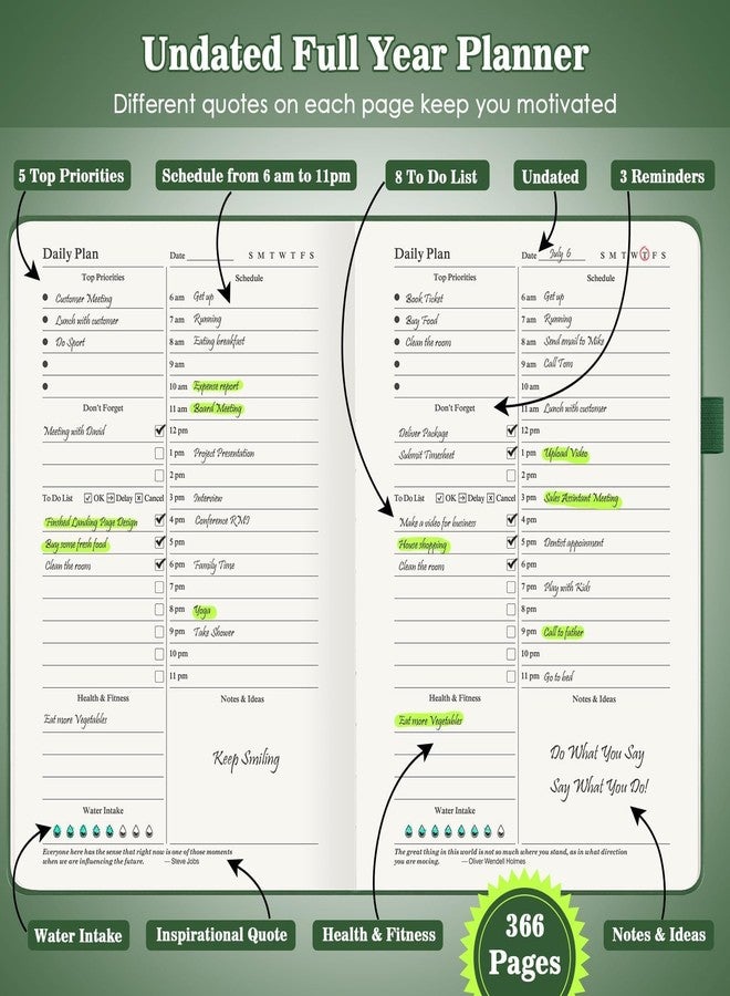Asten Planner, Undated Daily Planner with To Do List, 365 Days Planner for ADHD, Hourly Planner Notebook for Goal Setting, Productivity Organizer with Calendar, 8.3'' x 5.8''(Green) - Image 2