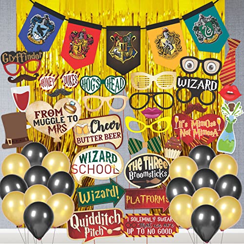 WOBBOX Happy Birthday Combo Harry Potter Theme Party Props 29 Pcs with Multi Colour Flags Bunting Banner & Balloons & Foil Curtain, Birthday Decoration Item - Image 1