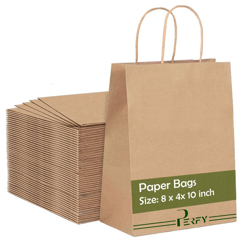 Perfy Paper Bags 8x4x10 Inchs Shopping Bags, Gift Bags|Disposable Bag| Retail Bags, Recycled Bulk, Brown Paper Bags with Handles (Pack of 25) - Image 1